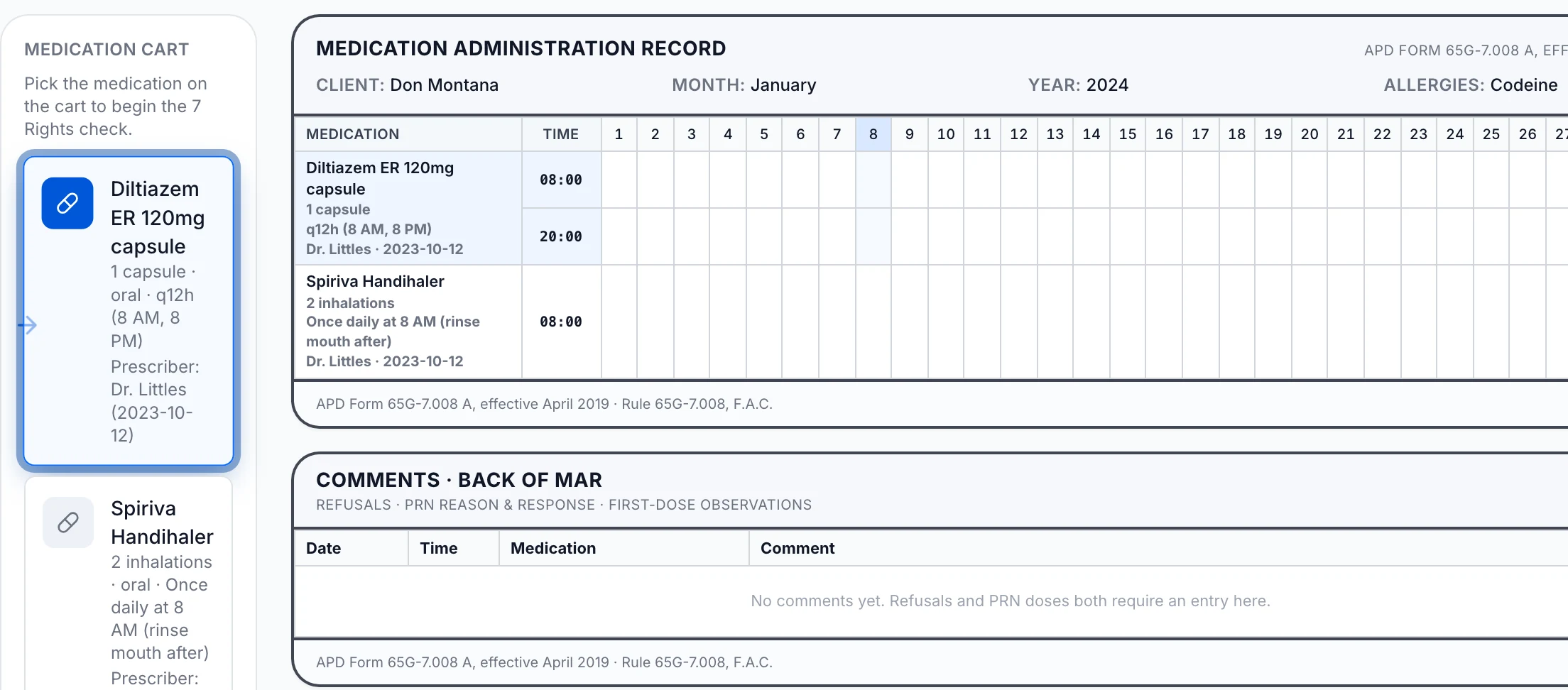 Waiver360 Academy medication-record simulator: a medication cart listing Diltiazem ER 120 mg and a Spiriva Handihaler beside a monthly medication administration record for the fictional client Don Montana, with a comments section for refusals, as-needed doses and first-dose observations.
